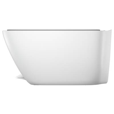 Vue latérale d'une cuvette de toilette blanche moderne, sans rebord, au design épuré et minimaliste.