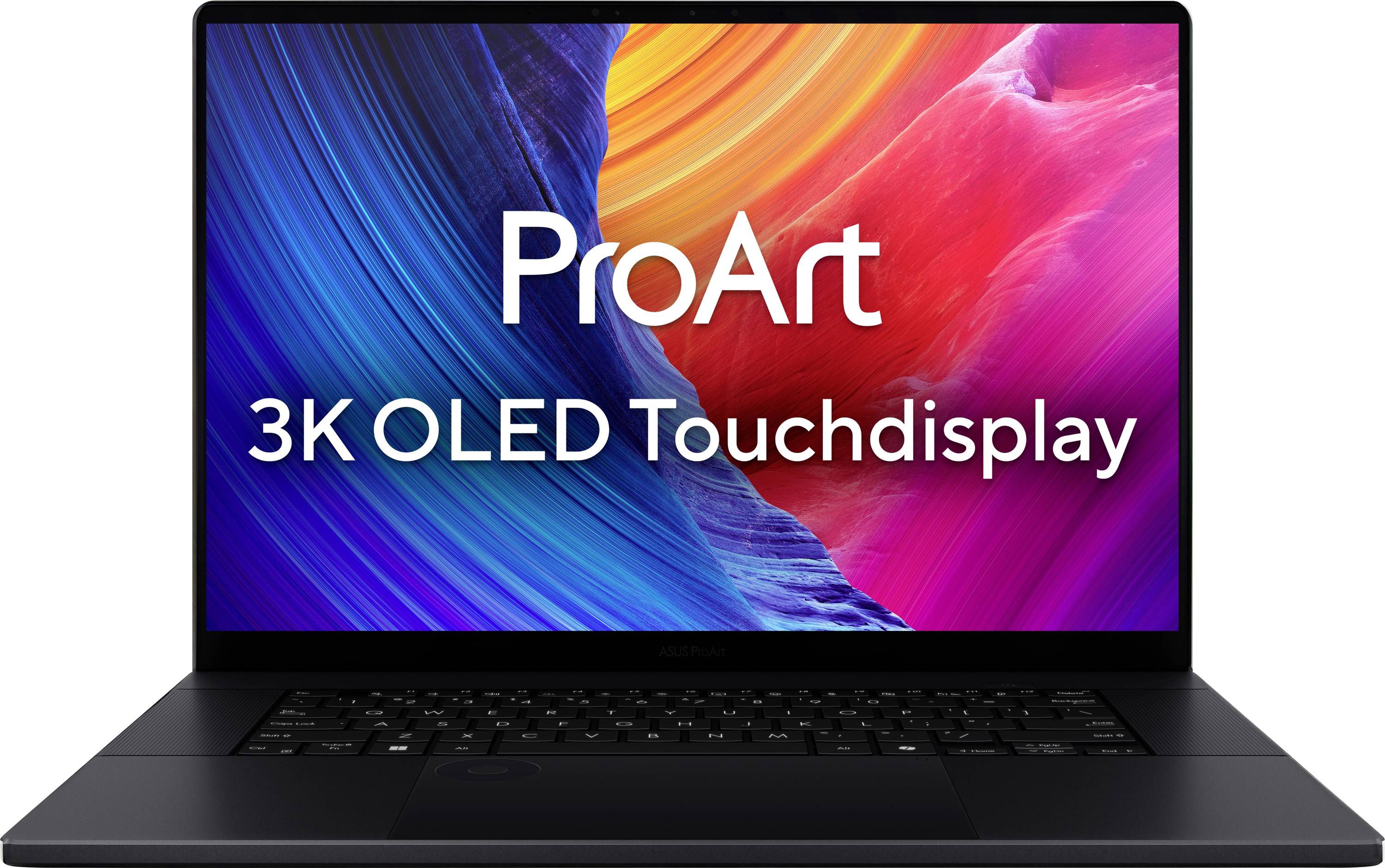 Ordinateur portable avec 'Écran tactile OLED ProArt 3K' affiché à l'écran, présentant de l'art abstrait vibrant avec des tourbillons bleus, orange et rose.