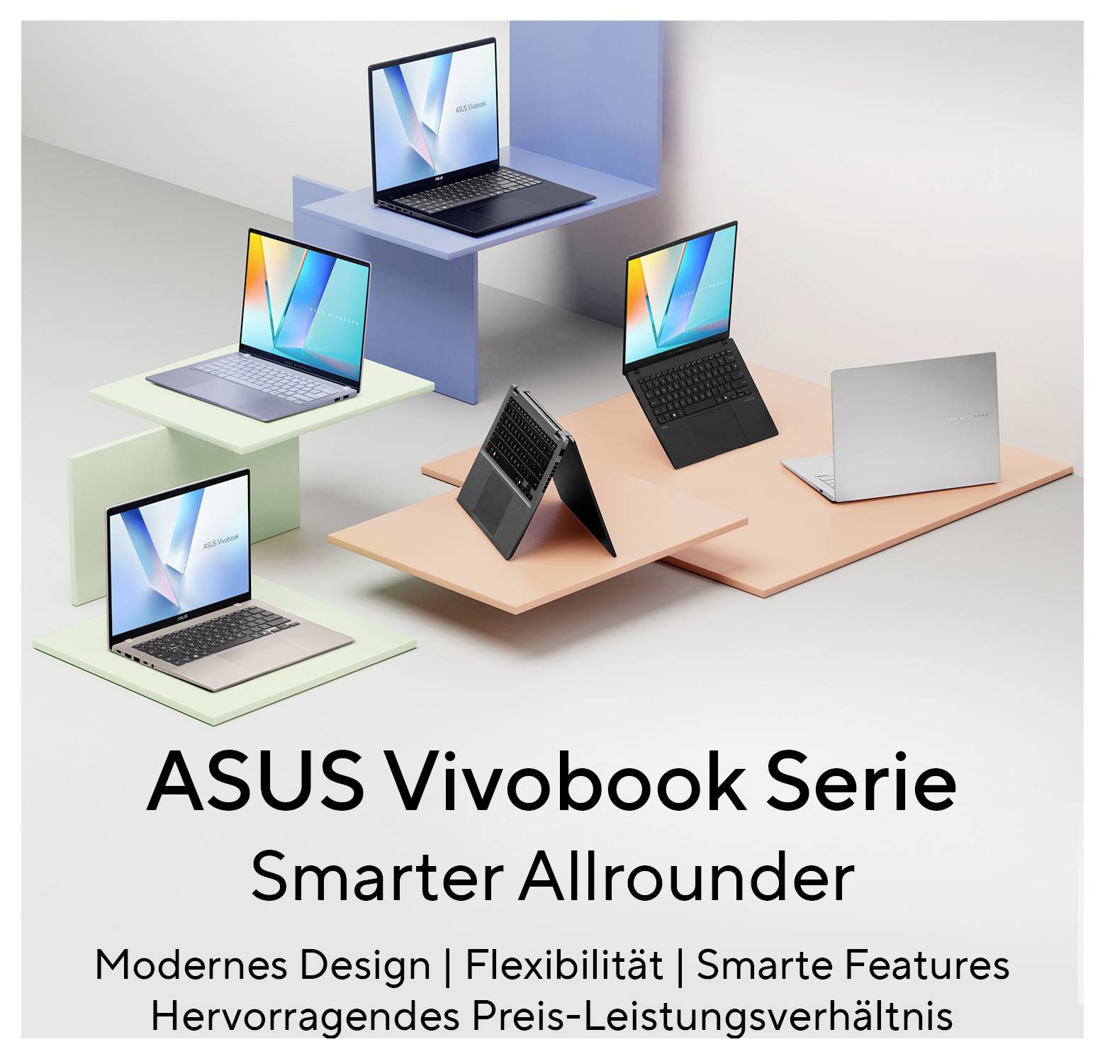 Le graphique montre quatre ordinateurs portables ASUS Vivobook dans différentes couleurs et positions sur des podiums colorés. Texte : « Série ASUS Vivobook : L'appareil polyvalent plus intelligent. »