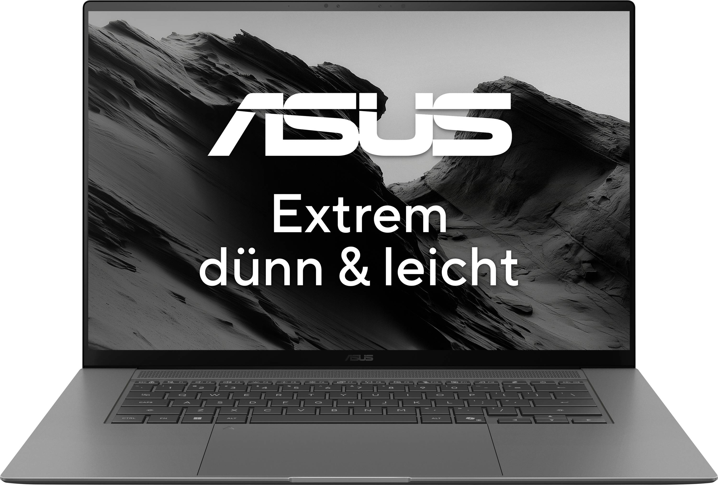 Un ordinateur portable élancé avec l'inscription « ASUS Extrêmement mince et léger » affichée à l'écran, sur un fond représentant un paysage montagneux.