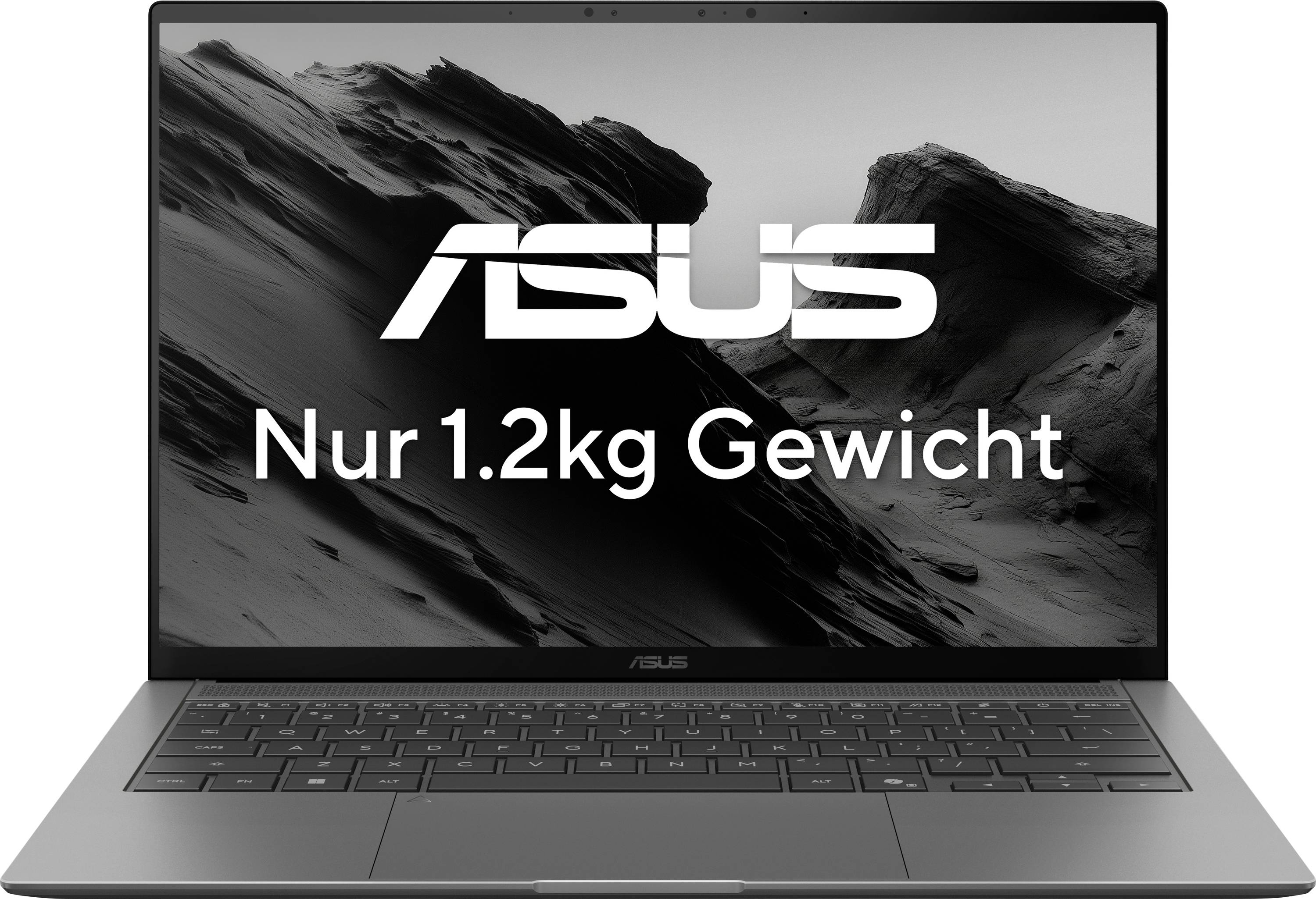 Ordinateur portable avec paysage montagneux sur l'écran, logo « ASUS » et texte « Poids de seulement 1,2 kg ».