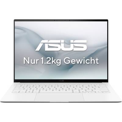Un ordinateur portable argenté sur fond blanc avec le grand texte « Asus ». Dessous « Poids de seulement 1,2 kg » devant un motif abstrait clair.