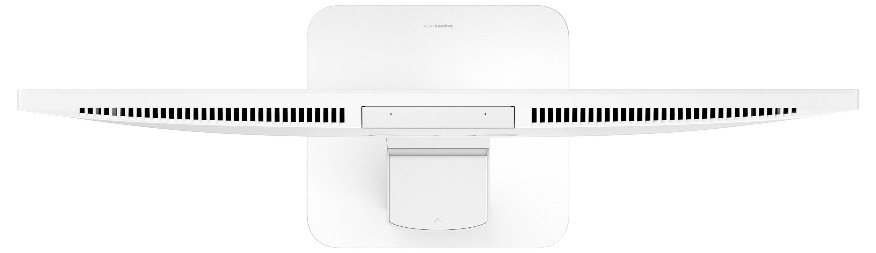 Vue de dessus d'un moniteur blanc et fin avec un écran incurvé et des fentes de ventilation. Monté sur un support rectangulaire.
