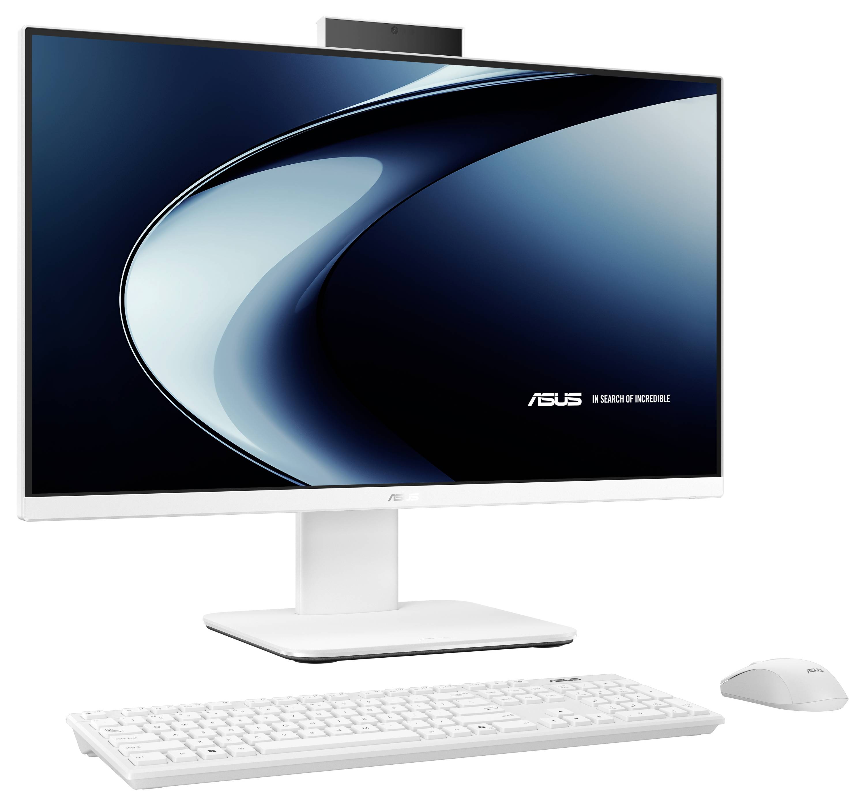 Un ordinateur tout-en-un blanc et élégant avec un grand écran, un clavier et une souris sur une surface plate, le logo de la marque étant affiché.