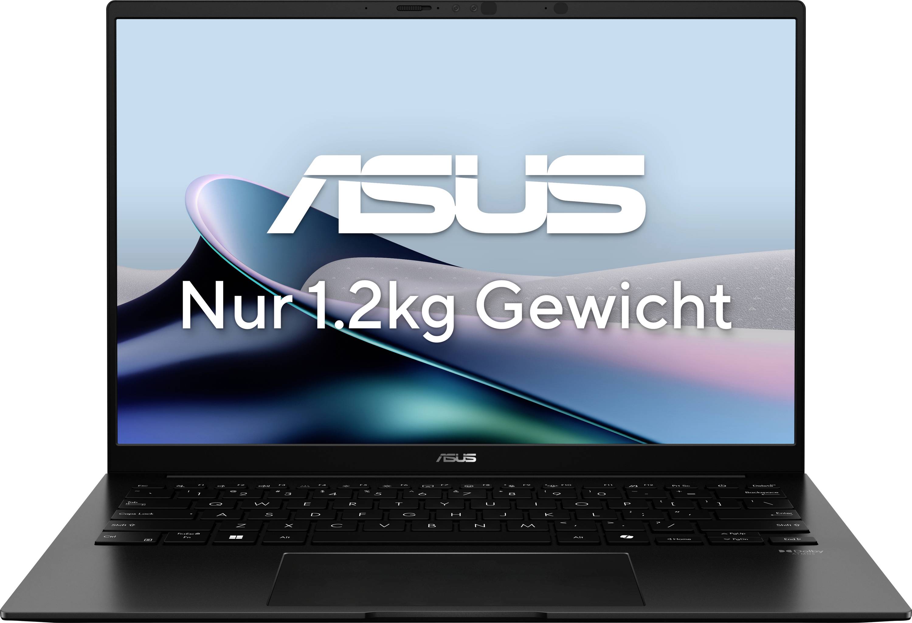 Léger ordinateur portable ASUS avec l'inscription « Poids de seulement 1,2 kg » sur l'écran, soulignant la portabilité de l'appareil.