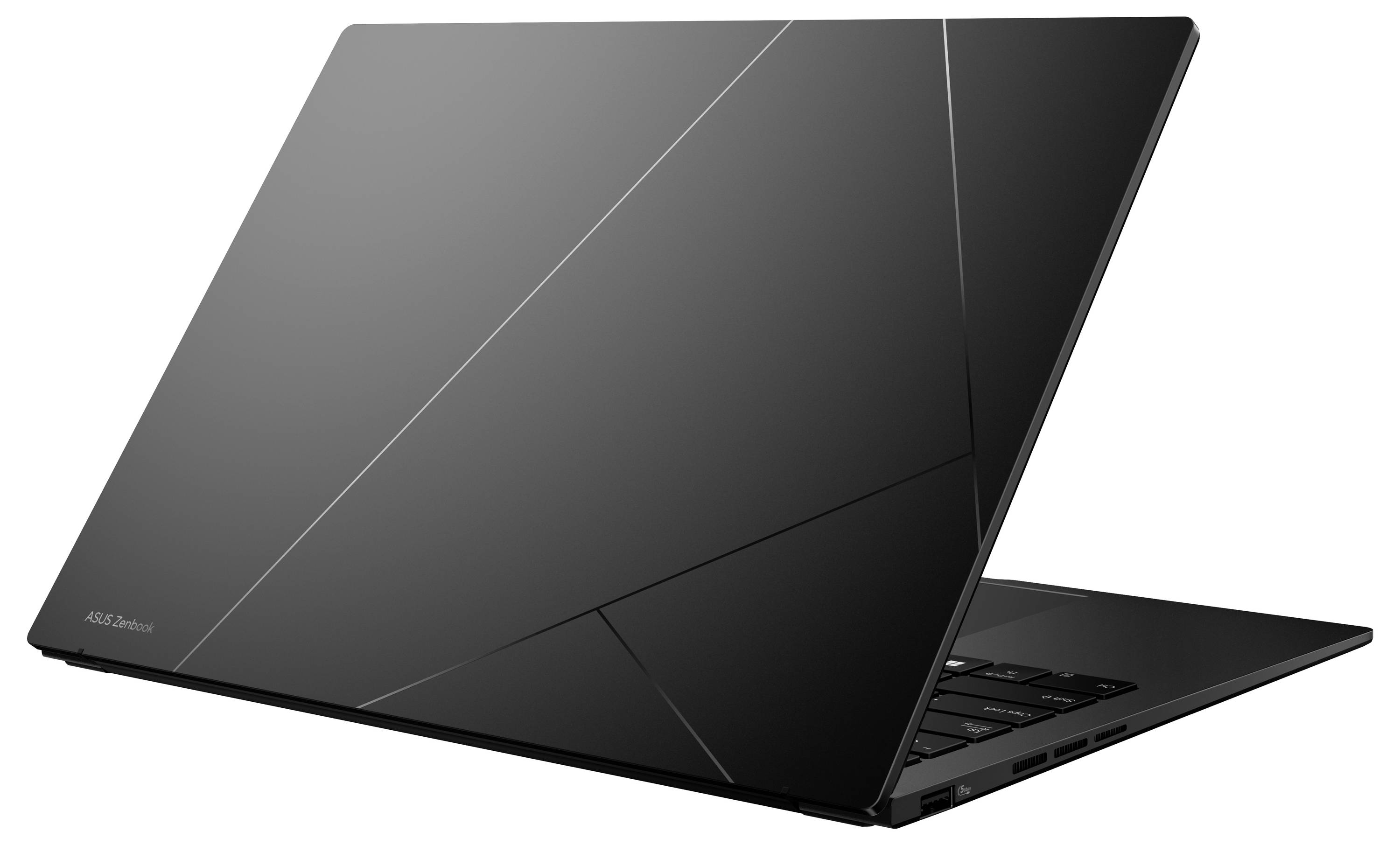 Ordinateur portable Asus noir montré partiellement ouvert, vue de l'arrière-gauche sur un fond blanc.