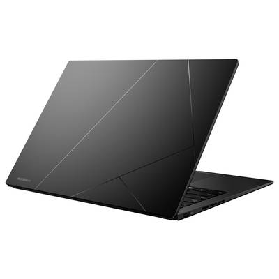 Ordinateur portable Asus noir montré partiellement ouvert, vue de l'arrière-gauche sur un fond blanc.