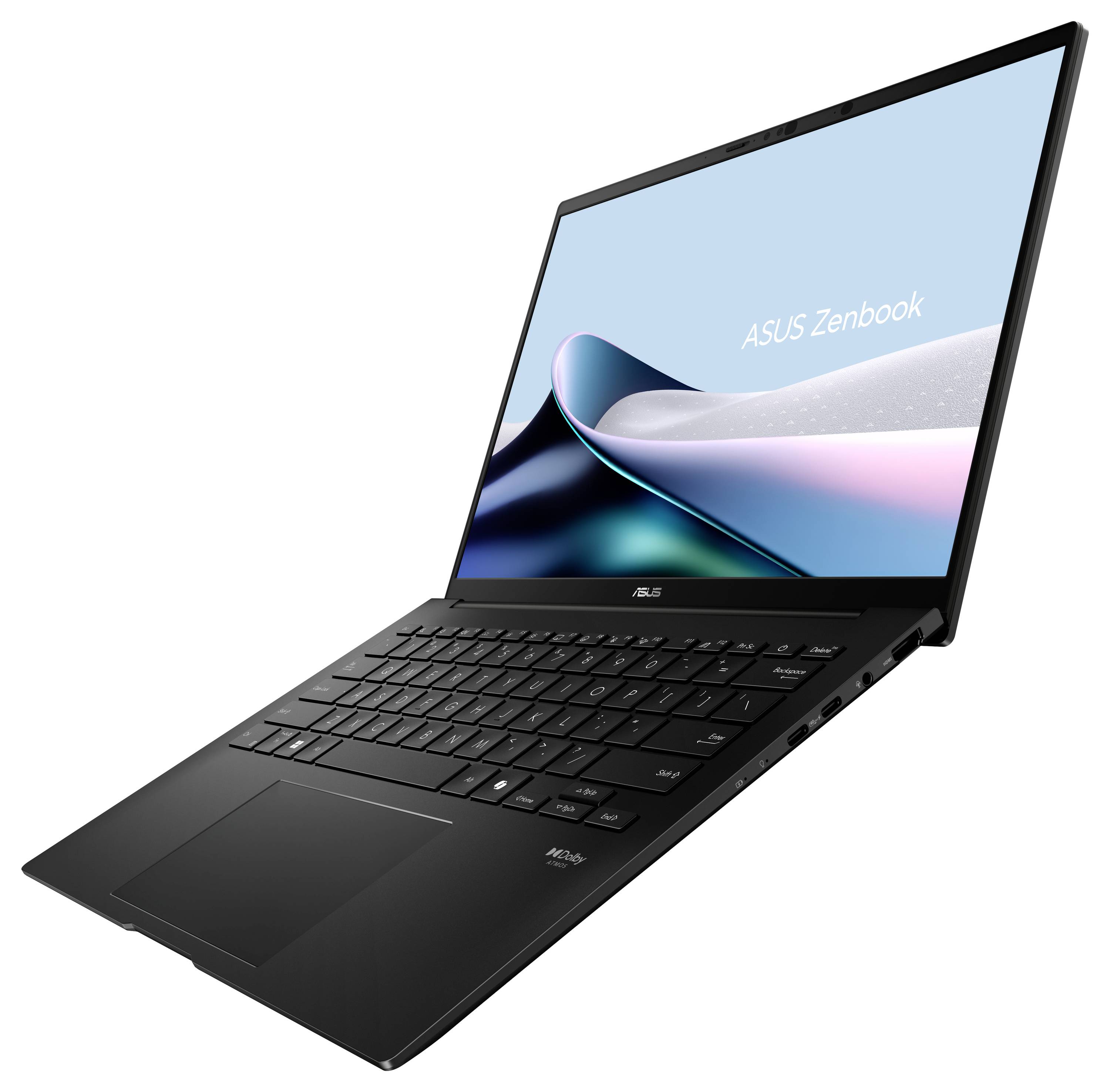 Ordinateur portable ASUS Zenbook noir ouvert à un angle, montrant l'écran et le clavier sur un fond blanc.