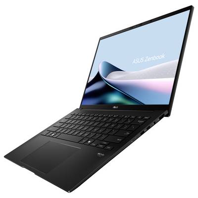 Ordinateur portable ASUS Zenbook noir ouvert à un angle, montrant l'écran et le clavier sur un fond blanc.