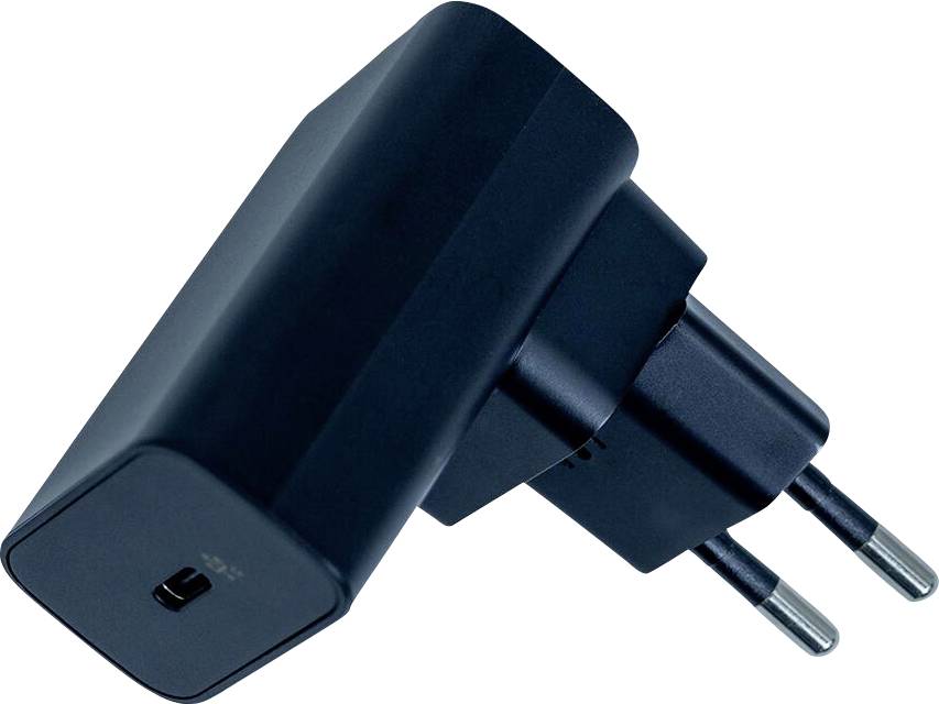 Un chargeur mural USB noir avec deux broches de prise européenne, conçu pour recharger les appareils électroniques.