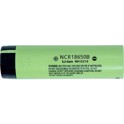 Une batterie cylindrique verte avec des extrémités noires, présentant un texte indiquant les spécifications et le numéro de modèle sur son côté.