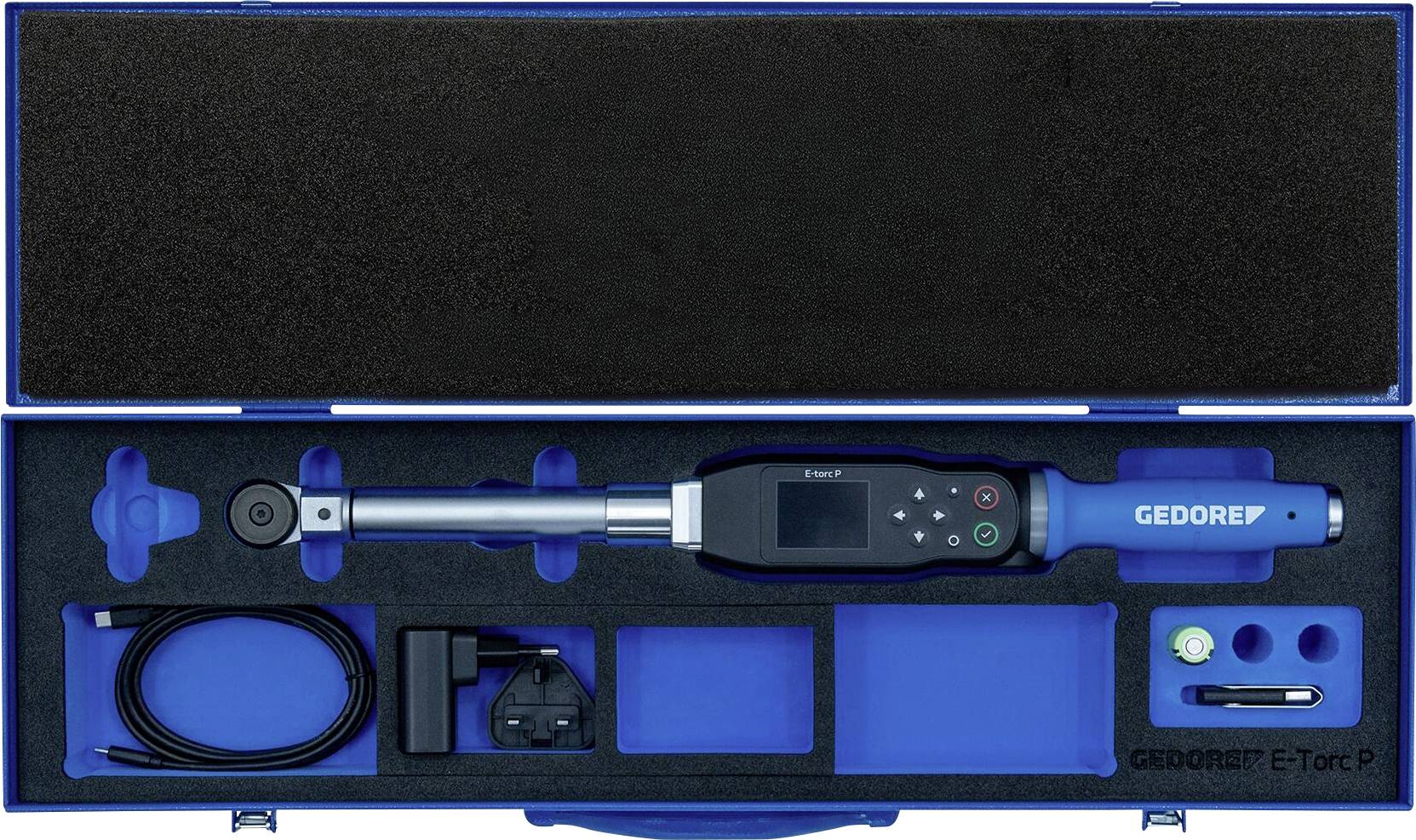 Un kit de clé dynamométrique électronique dans un boîtier bleu. Comprend une clé avec affichage numérique, un adaptateur de fiche et des accessoires. Portant l'étiquette « GEDORE E-torc ».