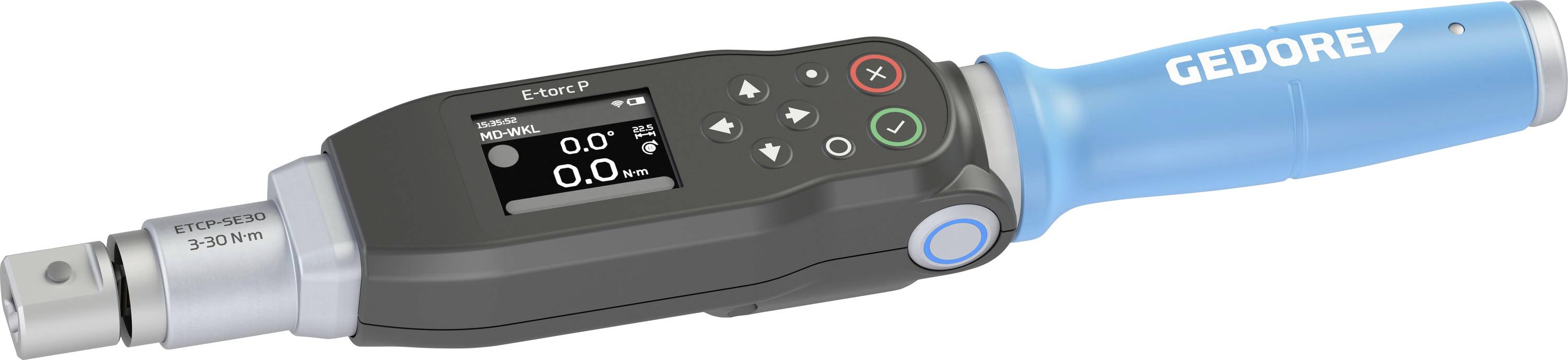 Clé dynamométrique numérique avec un affichage montrant les mesures de couple, une poignée bleue étiquetée 'GEDORE', et des boutons de contrôle pour les ajustements.