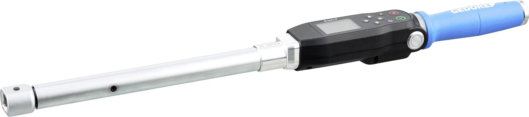 Une clé dynamométrique numérique avec poignée bleue, écran d'affichage numérique noir et arbre métallisé argenté, utilisée pour les mesures précises du couple en mécanique.