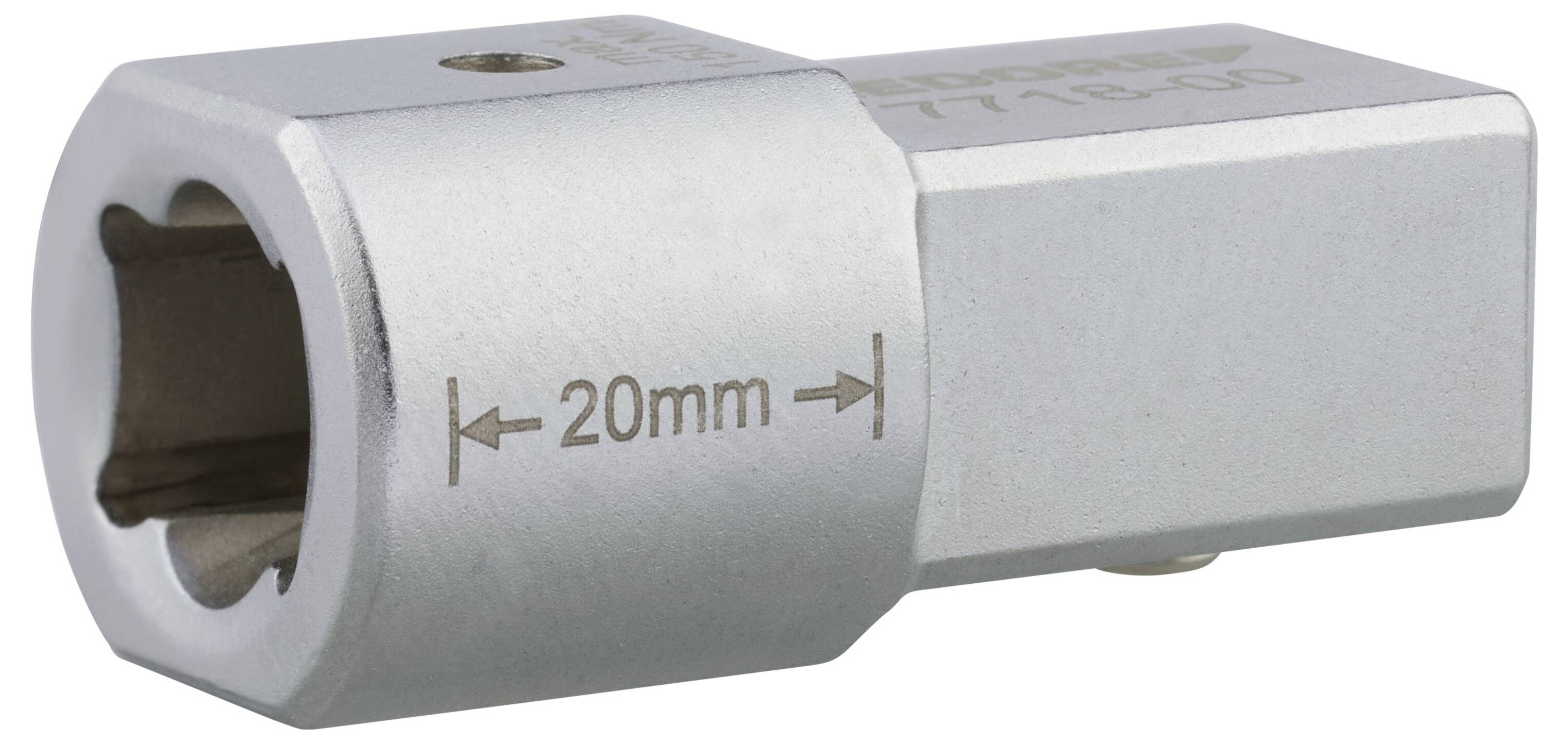 Une pièce jointe de clé en métal avec un marquage de taille 20 mm et une ouverture hexagonale, conçue pour serrer ou desserrer les boulons.