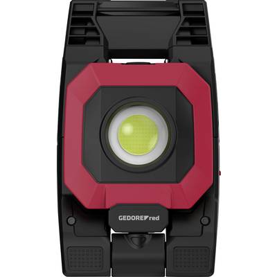 Lampe de travail LED noire et rouge avec une lentille ronde centrale étiquetée « GEDORE red » en bas.