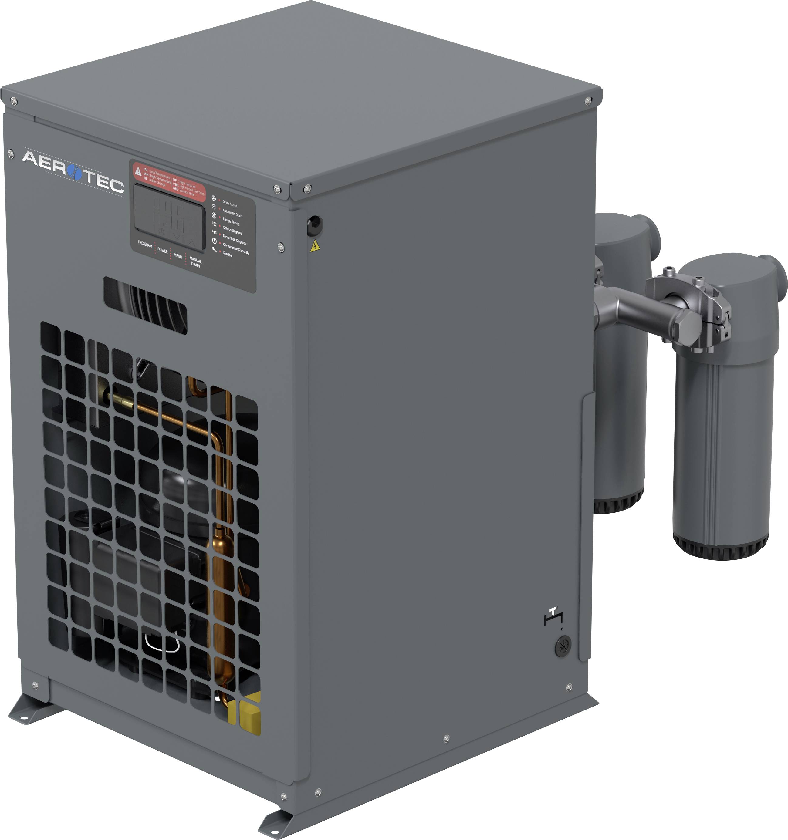 Unité de compresseur d'air industriel gris avec grille avant, panneau de commande et boîtiers de filtres attachés sur le côté.