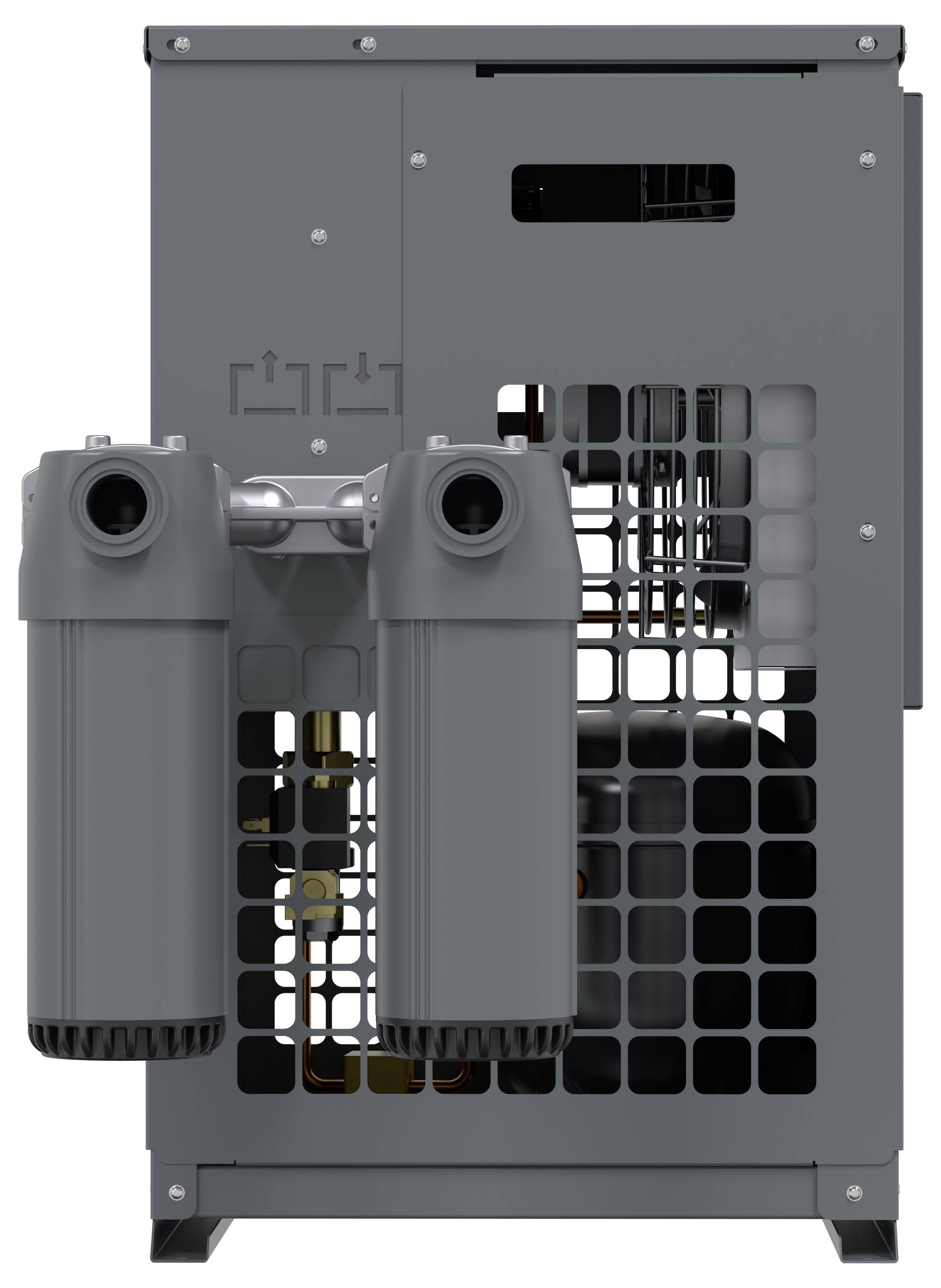 Machine industrielle grise avec deux grands composants cylindriques montés à l'avant, présentée sur fond blanc.