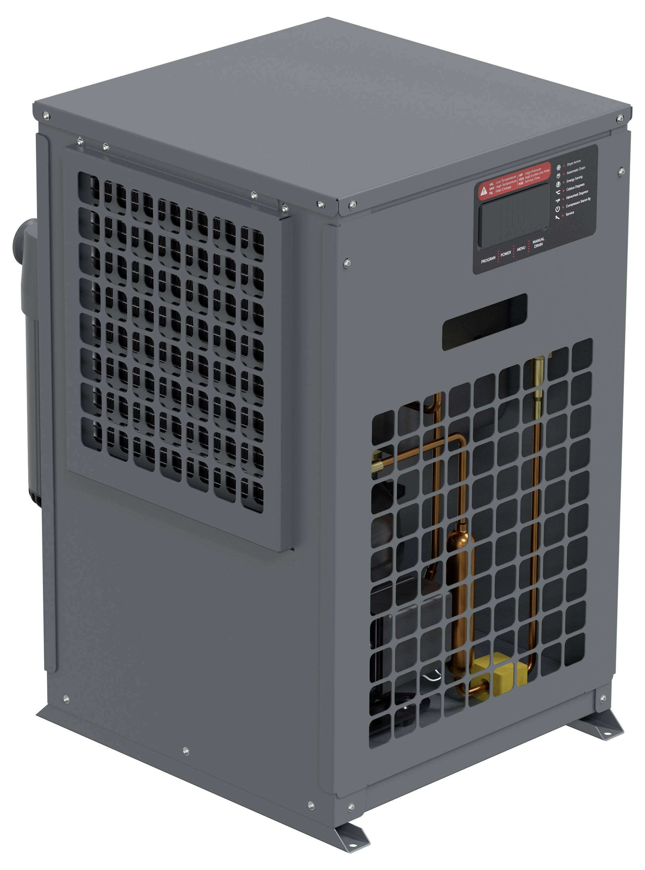 Déshumidificateur industriel gris avec côtés ventilés, panneau de commande frontal et composants internes visibles derrière une grille de protection.