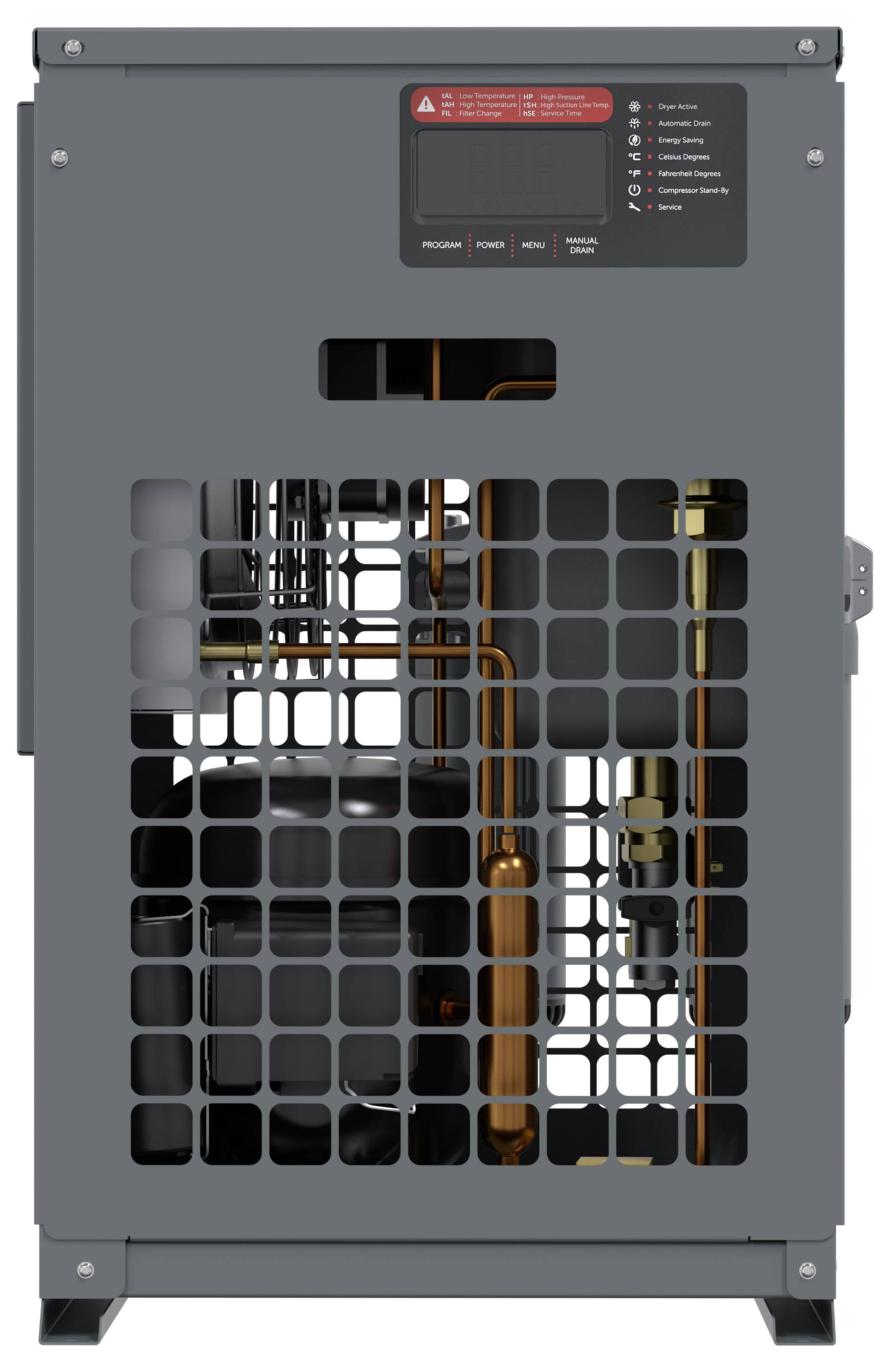 Unité de compresseur d'air industriel gris avec panneau de commande et cartouches de filtre montées sur le côté.