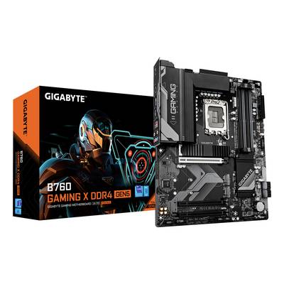 Une carte mère GIGABYTE B760 Gaming X DDR4 présentée à côté de sa boîte. La boîte présente une illustration futuriste avec un schéma de couleurs orange-bleu.
