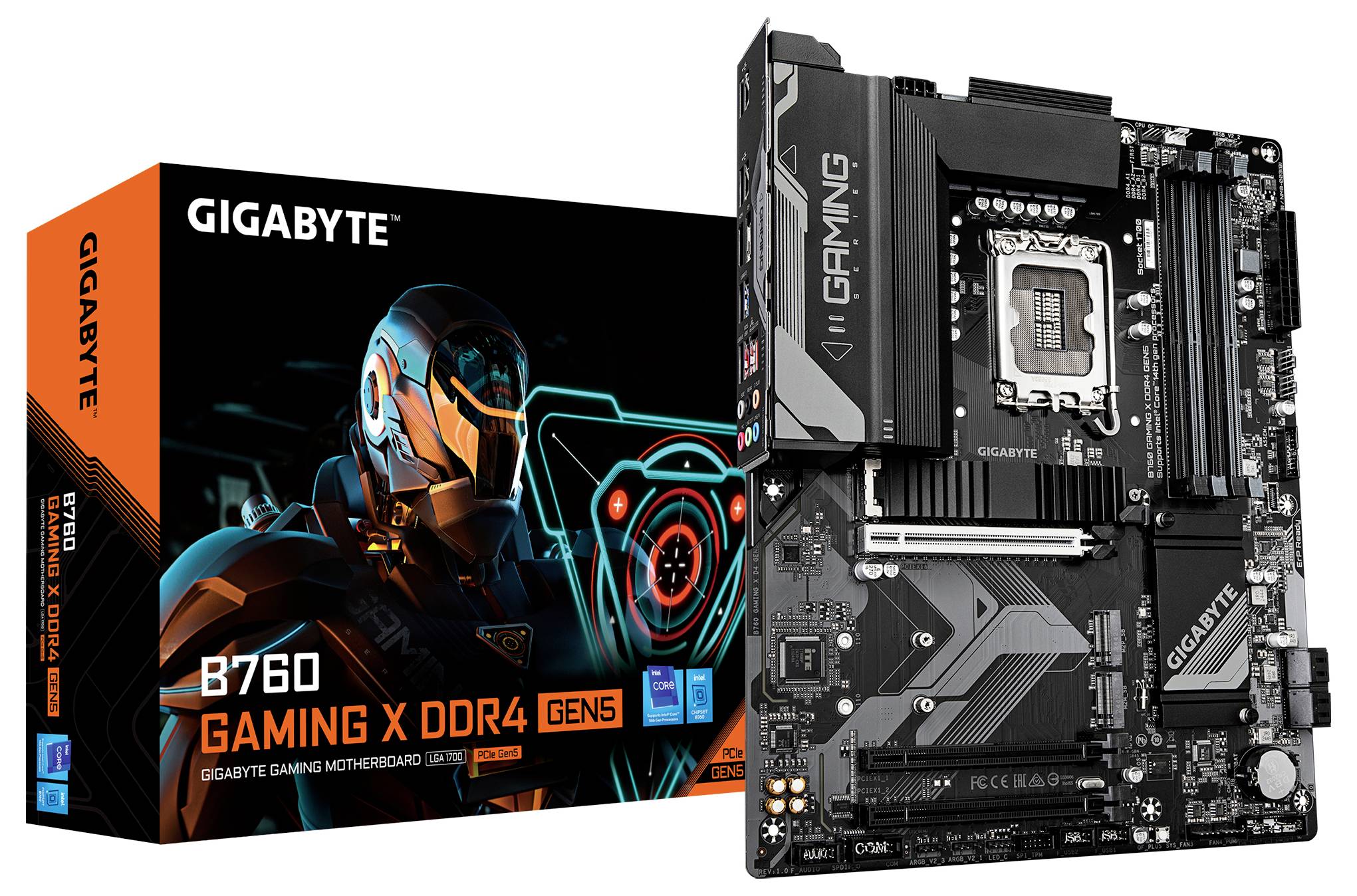 Une carte mère Gigabyte B760 Gaming X DDR4 est présentée à côté de sa boîte, présentant des illustrations robotiques futuristes.