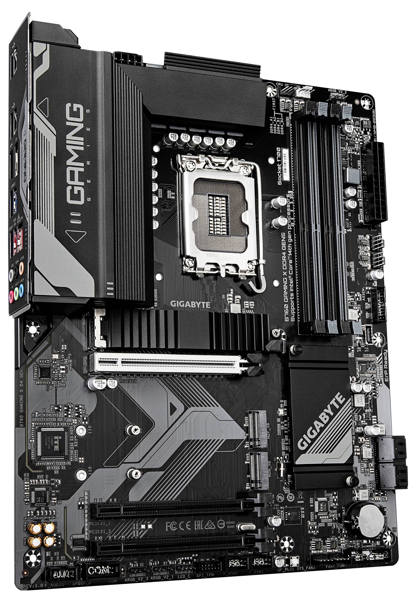 Une carte mère Gigabyte noire dotée de quatre emplacements RAM, d'emplacements PCIe et de connecteurs. Elle supporte les processeurs Intel et l'utilisation pour les jeux.