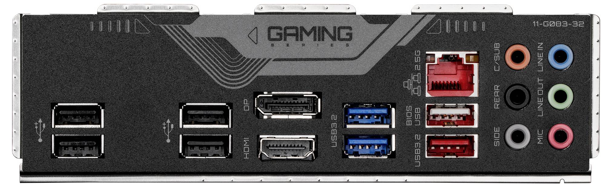 L'image montre le panneau d'E/S arrière d'une carte mère de jeu, avec plusieurs ports USB, des prises audio, un port Ethernet et des sorties HDMI.