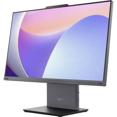 Un moniteur de bureau moderne avec une lunette fine et un affichage abstrait coloré sur l'écran, installé sur un support noir élégant.