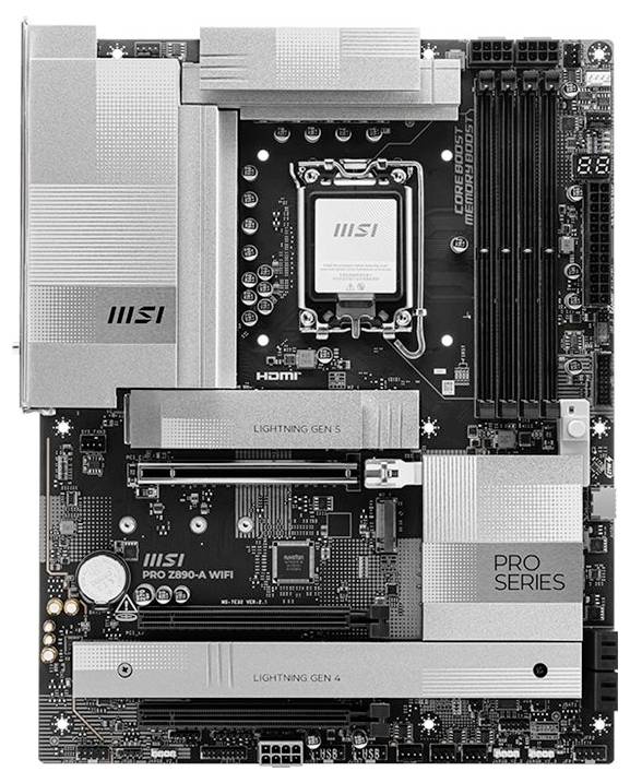 Carte mère de la série Pro MSI avec socket Intel pour CPU, emplacements RAM et emplacements d'expansion PCIe visibles.