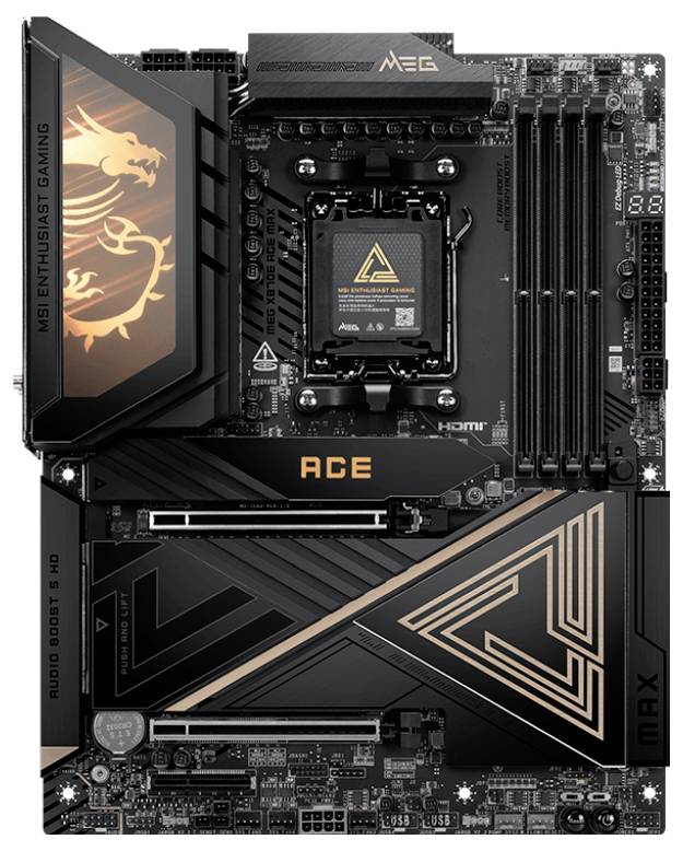 Carte mère MSI MPG Z790 ACE MAX noire avec accents dorés, texte « MSI Enthusiast Gaming » et éléments de marque importants.