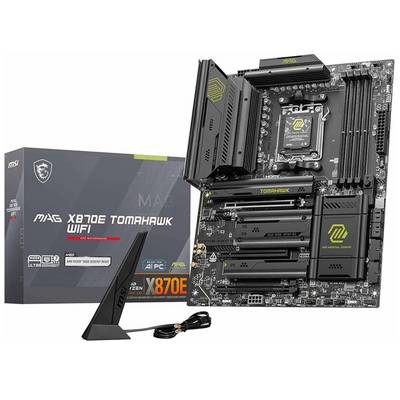 Carte mère « MSI MAG X670E Tomahawk WiFi » avec boîte et antenne, dotée de multiples emplacements d'expansion, de connecteurs RAM et de connecteurs d'alimentation.