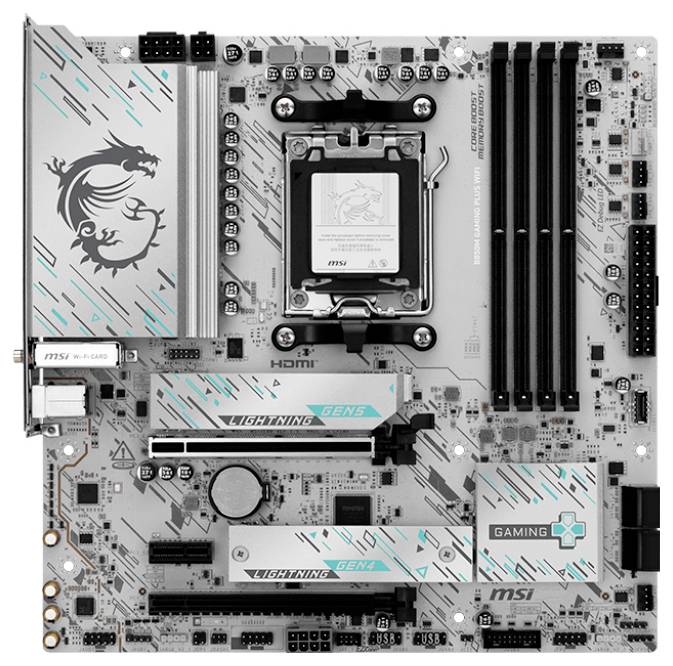 Une carte mère d'ordinateur avec socket CPU visible, emplacements RAM et divers ports, présentant un logo dragon et étiquetée « Gaming Gen5 ».