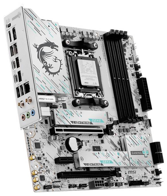 Carte mère MSI B850M Gaming Plus WiFi avec Ryzen 7 et Lightning Gen5, plus les badges « Ready for AI PC » et la boîte de produit affichée.