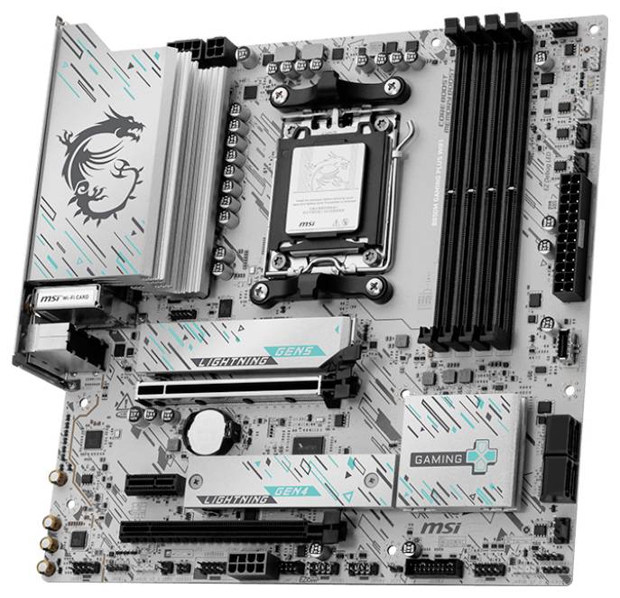 Carte mère gaming MSI avec socket CPU AMD, quatre emplacements RAM, plusieurs emplacements PCIe, et dissipateurs thermiques « LIGHTNING GEN » et « GAMING ».