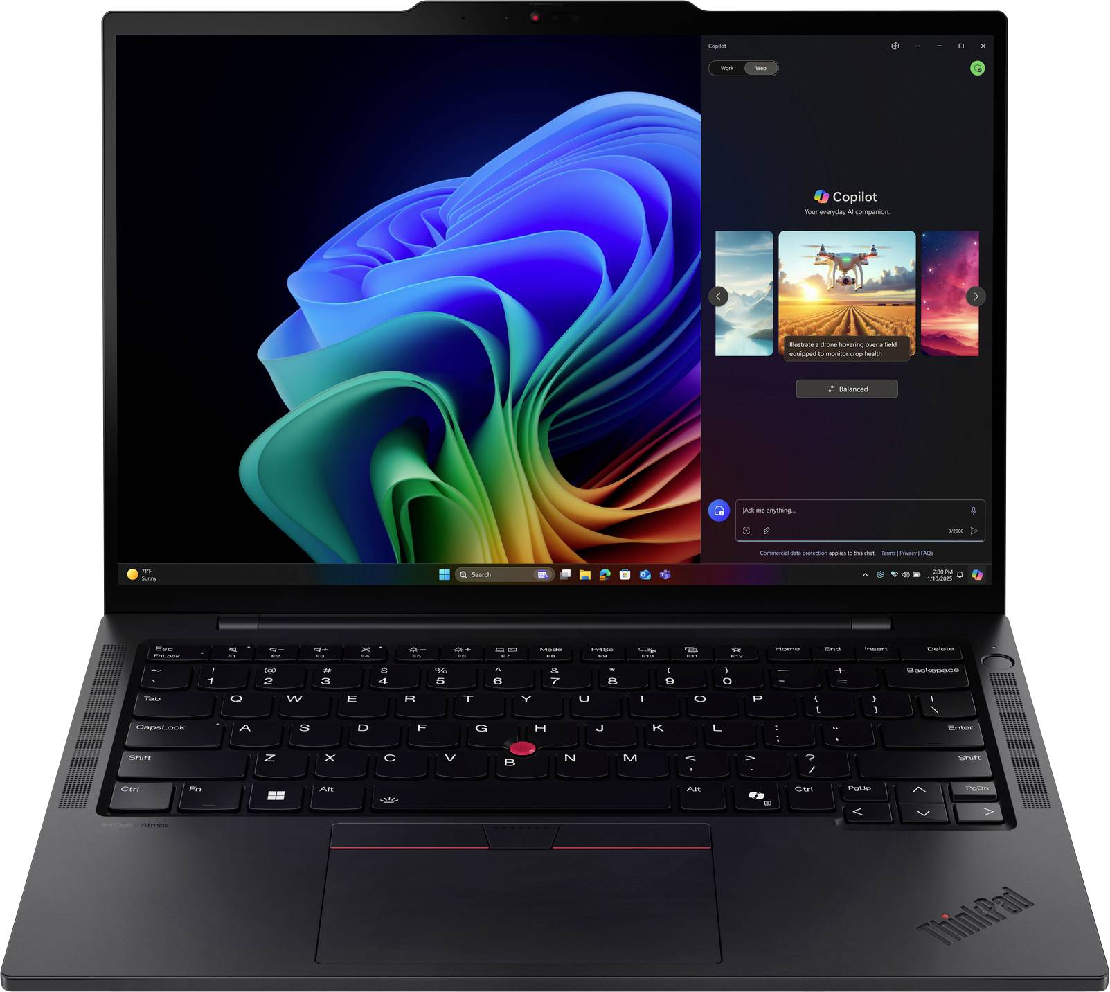 Un ordinateur portable affichant un fond d'écran de bureau vibrant, avec une barre latérale ouverte présentant des options d'art généré par IA étiquetées « Copilot » à l'écran.