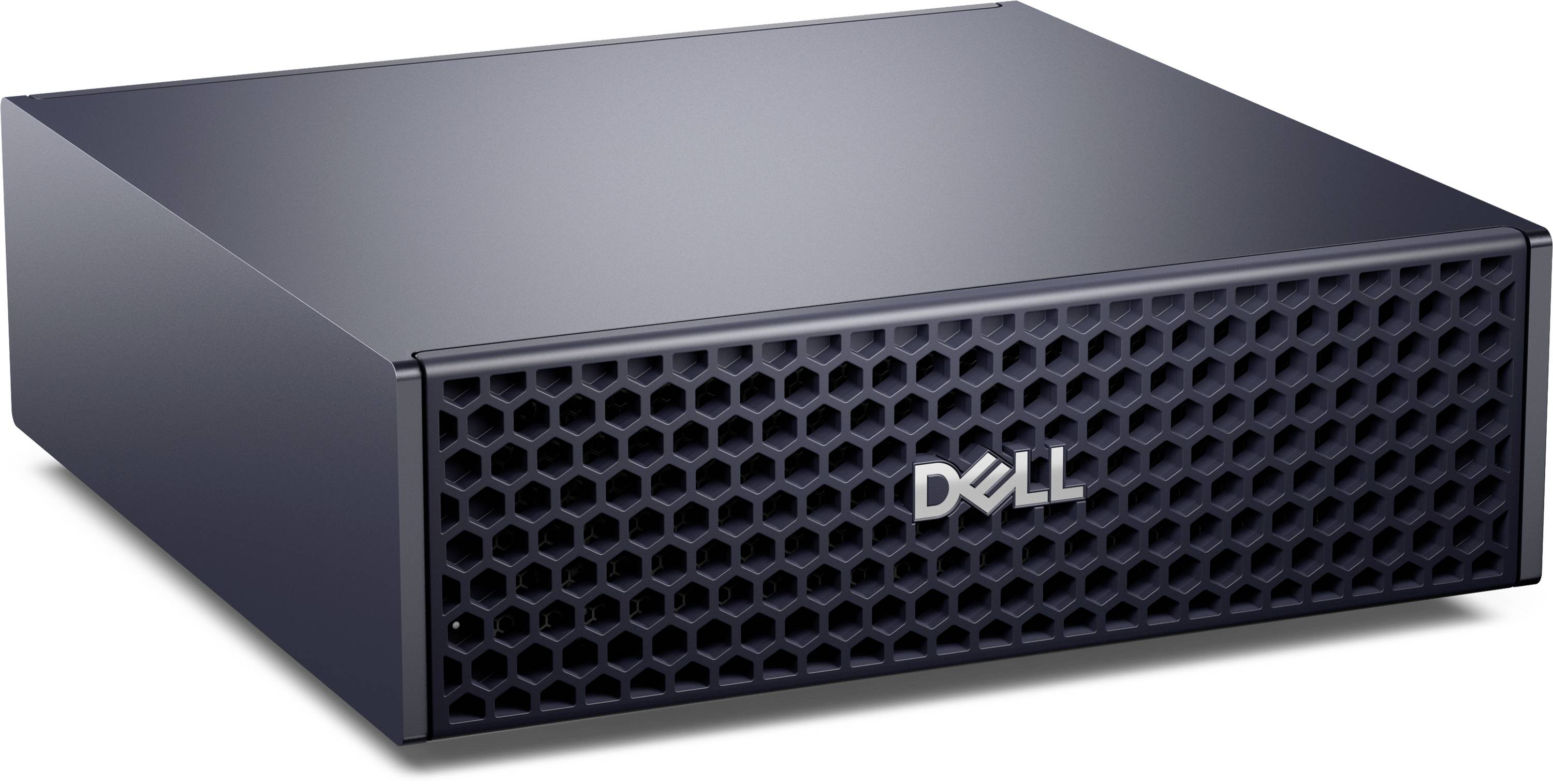 Un serveur Dell noir avec un panneau avant en nid d'abeille, indiquant du matériel de niveau entreprise pour le stockage de données ou la gestion de réseau.
