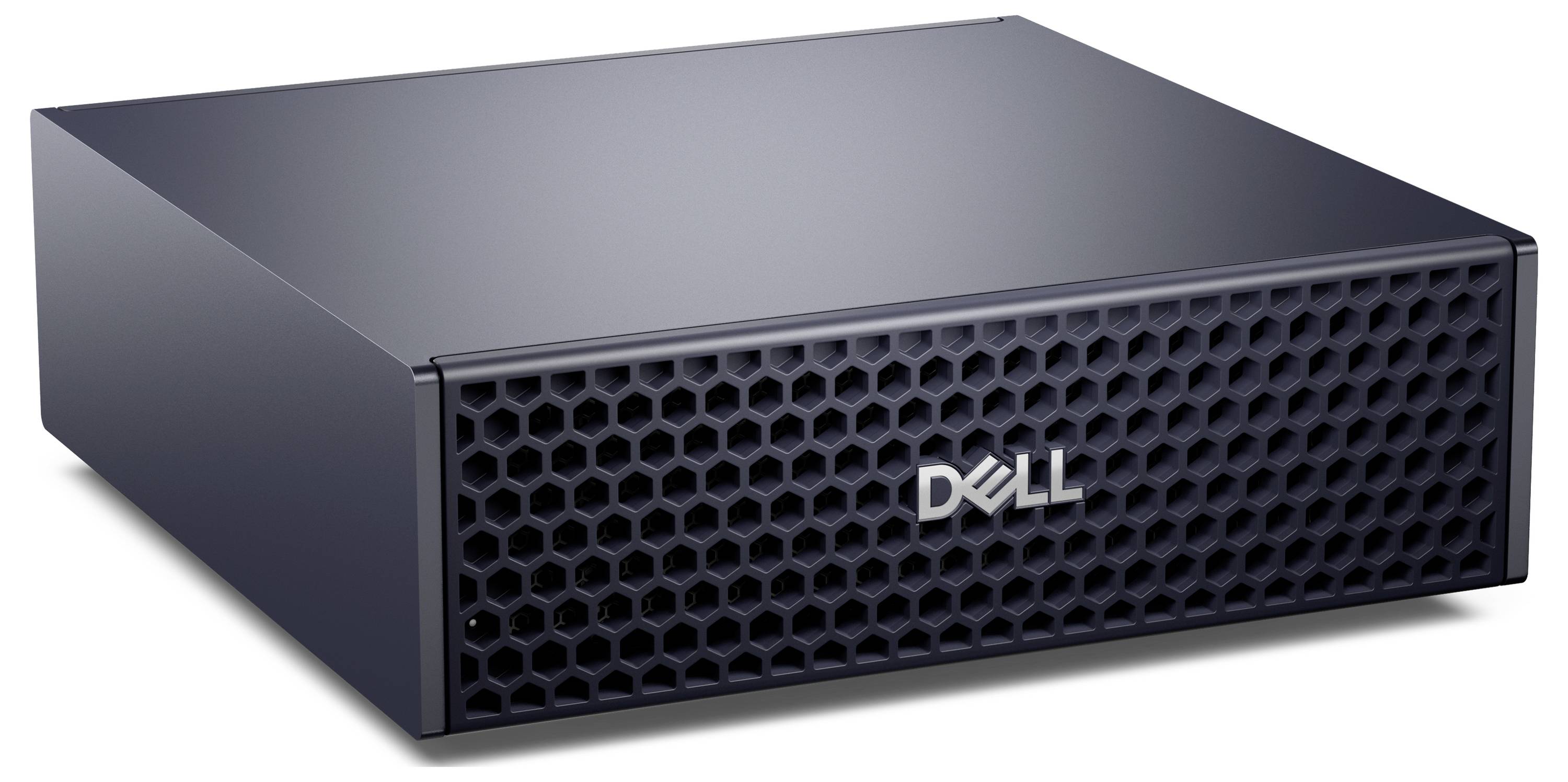 Un serveur Dell noir avec un panneau frontal aéré de forme hexagonale et le logo Dell, généralement utilisé pour le stockage de données et la gestion de réseau.