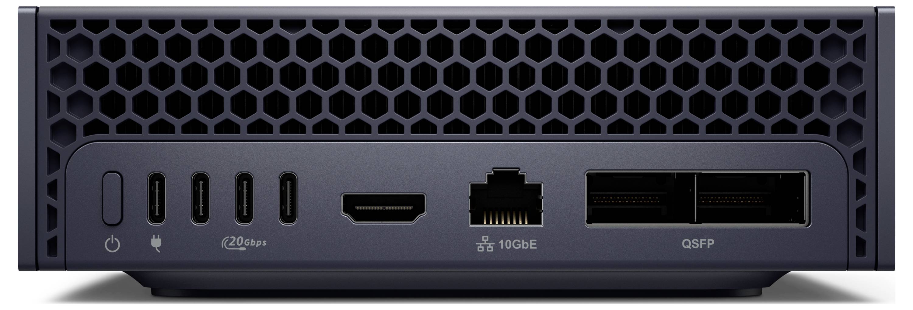 Appareil électronique compact avec plusieurs ports : cinq USB-C, un HDMI, un ethernet et deux emplacements étiquetés « QSFP ».