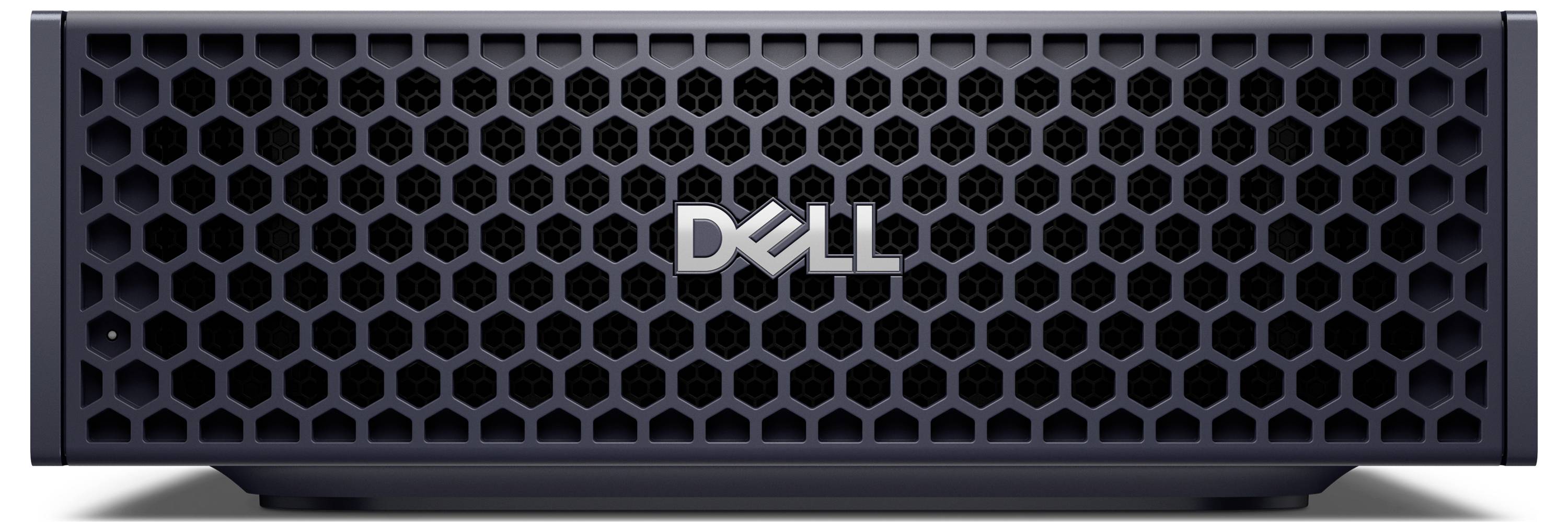 Vue de face d'un serveur « Dell » avec un motif de grille hexagonale, mettant en évidence le logo de la marque de manière prominente au centre.