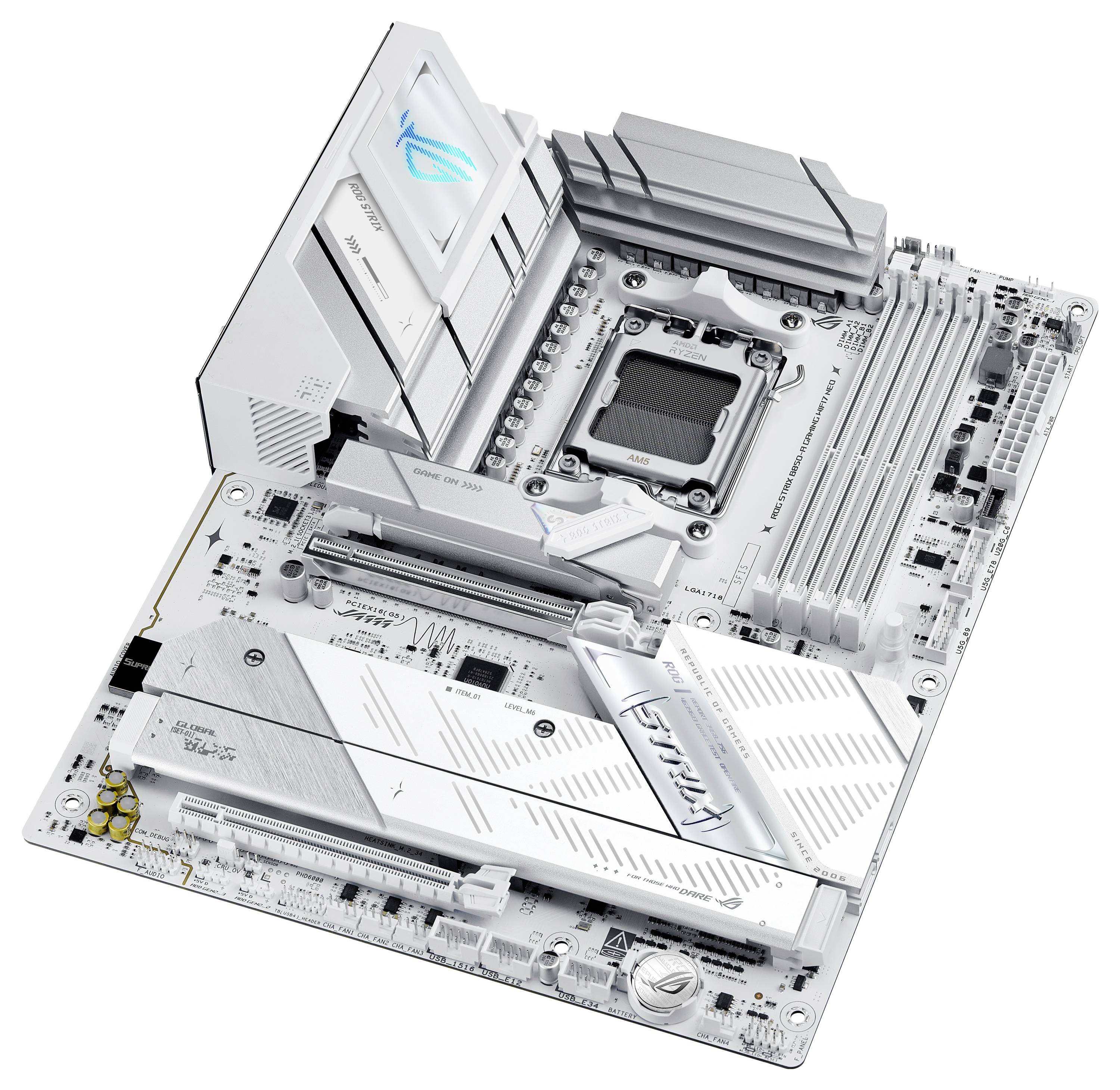 Une carte mère d'ordinateur blanche avec différents connecteurs et ports, notamment des emplacements de mémoire vive, un socket de processeur et un dissipateur thermique, mettant en avant une conception matérielle avancée.