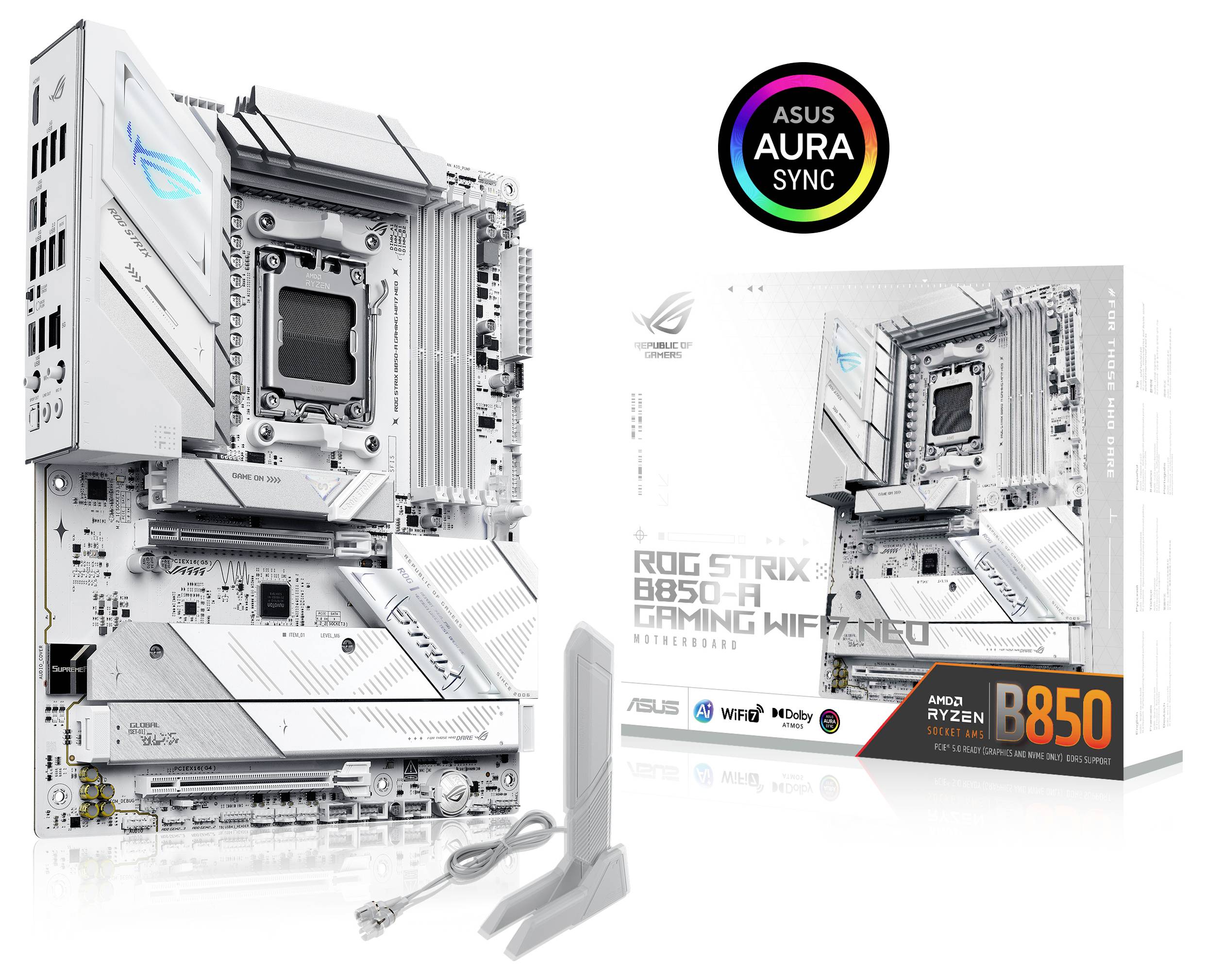 Carte mère « ASUS ROG STRIX B850-A Gaming WiFi » avec finition blanche, dotée de la technologie Aura Sync. La boîte affiche les caractéristiques compatibles et les logos.