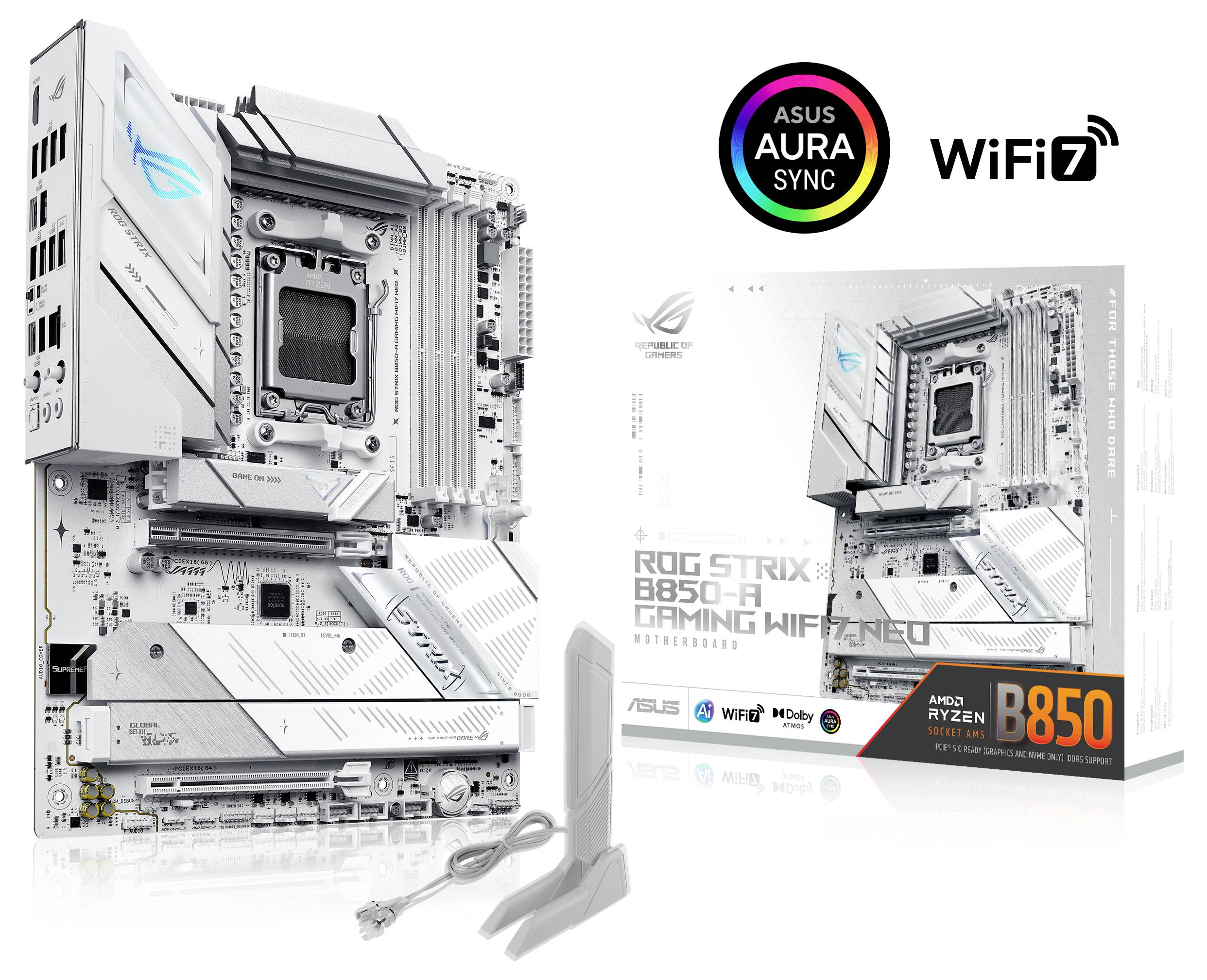 Carte mère « ROG STRIX B850-A GAMING Wi-Fi 7 » avec design blanc et argent affichée aux côtés de son emballage et de ses antennes.
