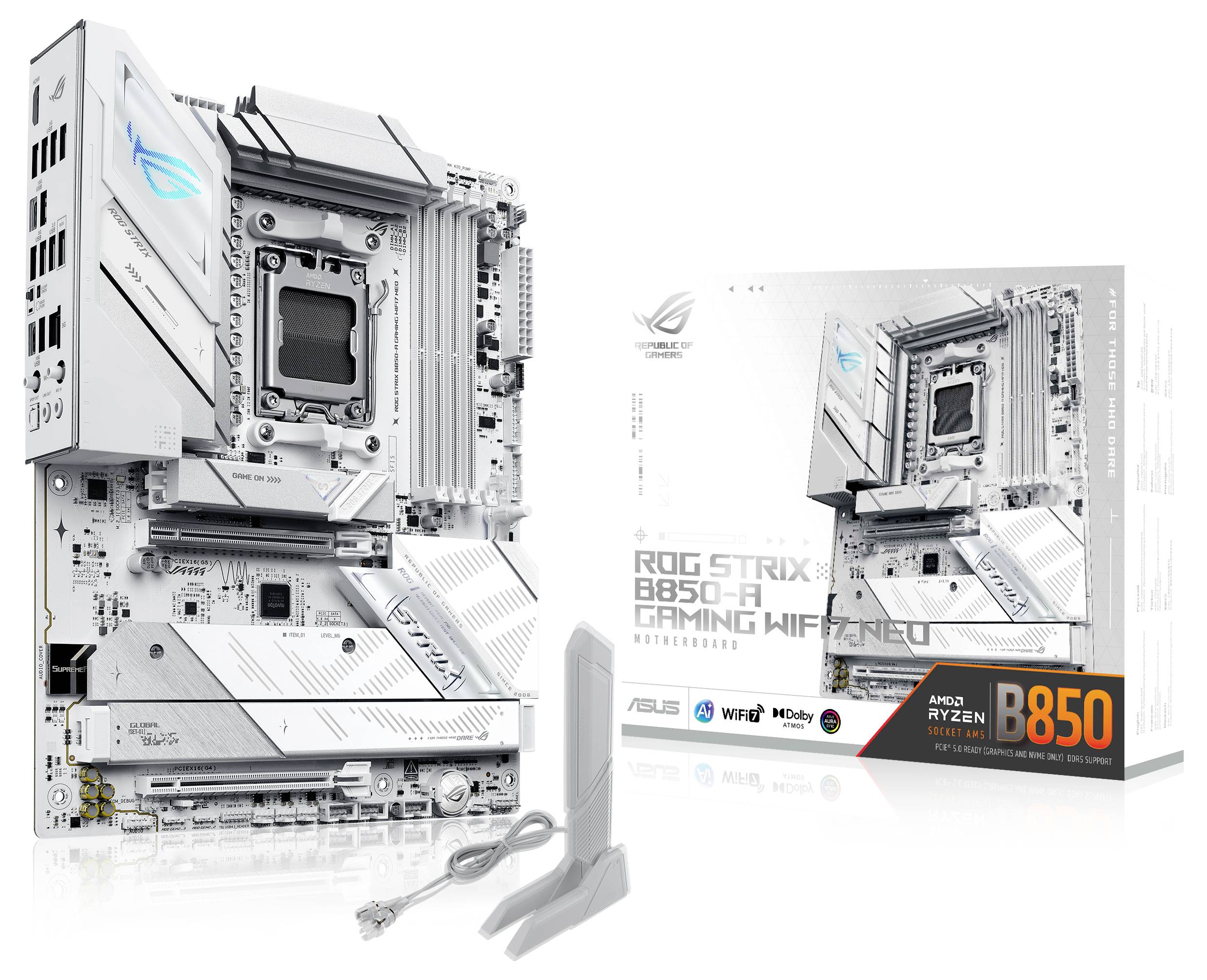 Carte mère « ROG STRIX B850-A GAMING WIFI II » présentée à côté de son emballage, mettant en avant un design épuré et un marquage distinctif.