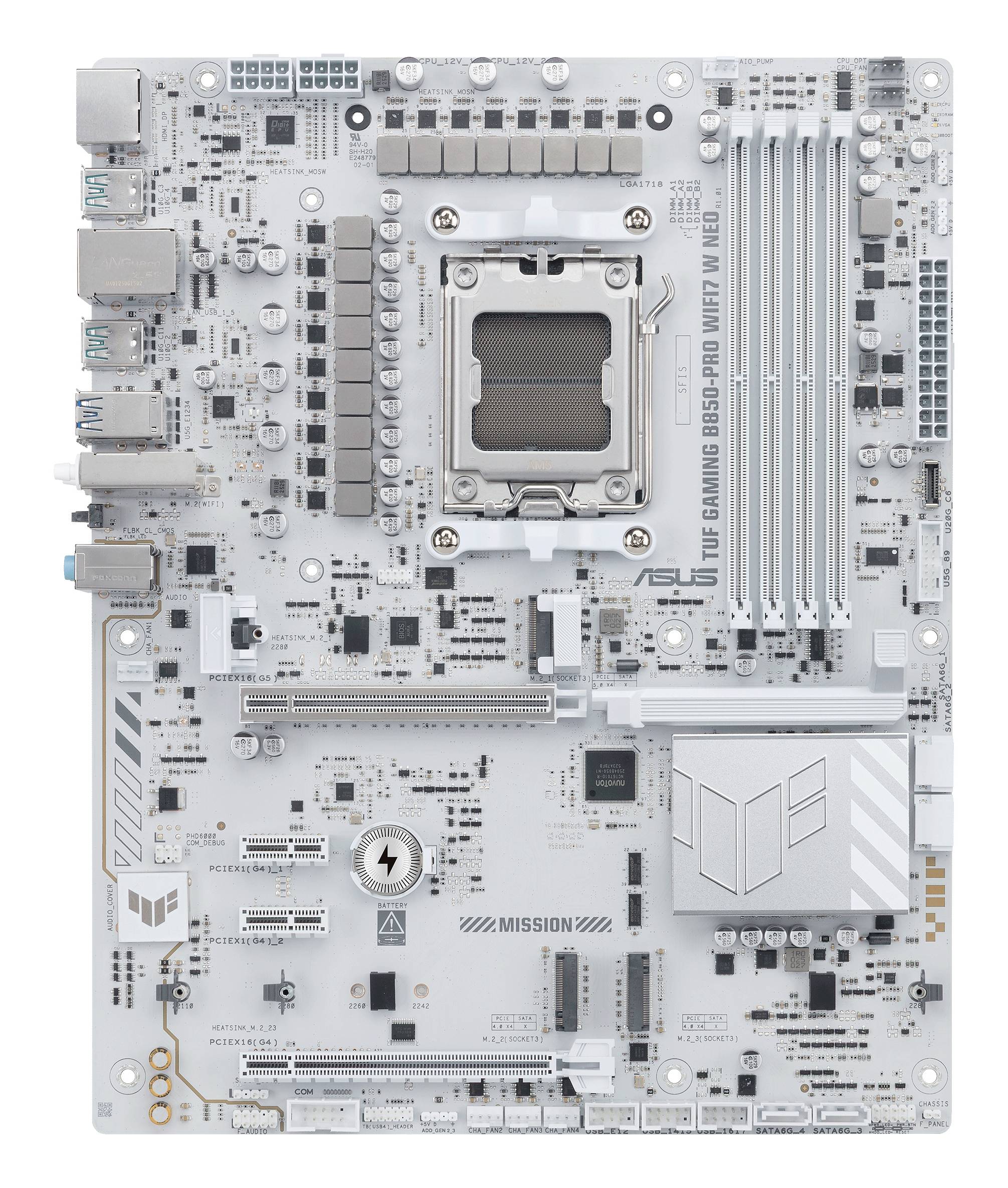 Carte mère ASUS TUF Gaming B650-PLUS WiFi blanche avec socket CPU AMD AM5, quatre emplacements RAM, emplacements PCIe et ports E/S arrière.