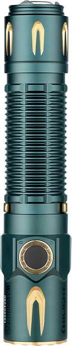 Une lampe de poche bleu-vert et or avec une poignée texturée et un bouton proéminent, conçue pour une utilisation à main levée.