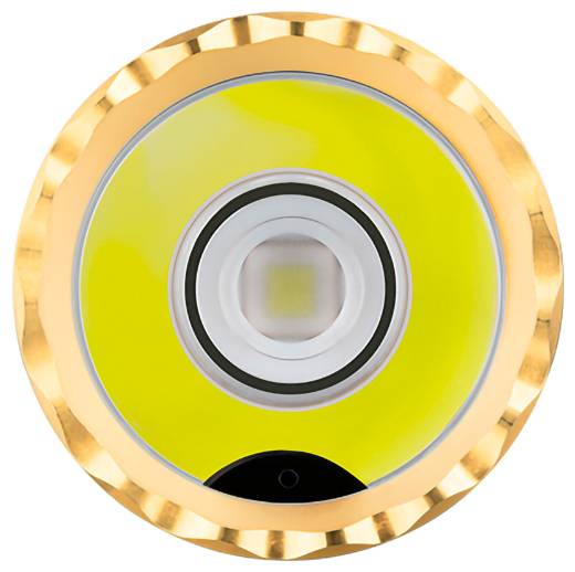Une ampoule de lampe de poche LED circulaire dorée et jaune avec une lentille centrale transparente, vue de dessus.
