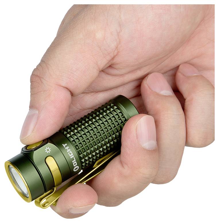 Une main tenant une petite lampe de poche verte texturée avec un clip doré et un bouton, indiquant une taille compacte et une prise en main facile.