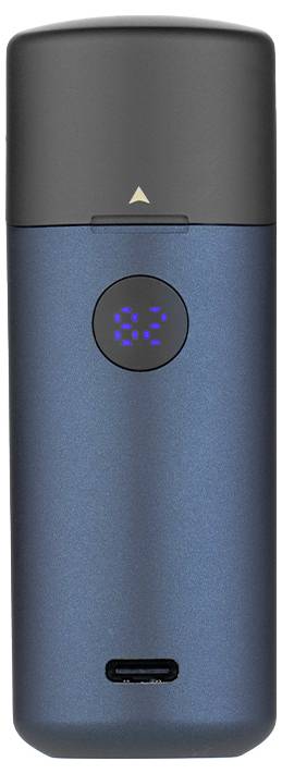Un appareil électronique portable bleu avec un dessus noir, un écran numérique affichant « 22 », et un port USB au bas pour la recharge.