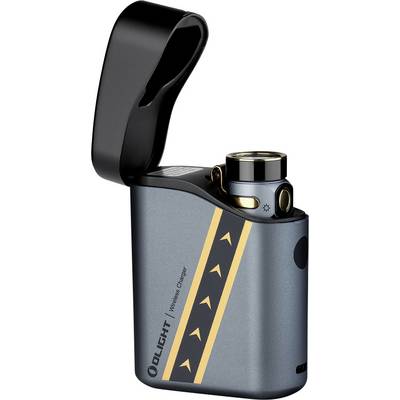 Un gadget compact avec couvercle ouvert, finition métallique et un motif de flèche dorée. Il dispose d'un commutateur rotatif et est marqué de la marque « OLIGHT Wireless Charger ».